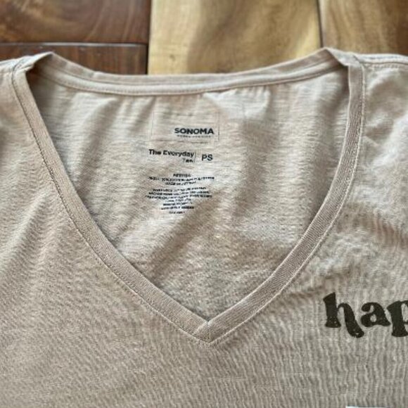 Sonoma Tan V Neck Top "Happy". NWT. Petite Small - Picture 3 of 5